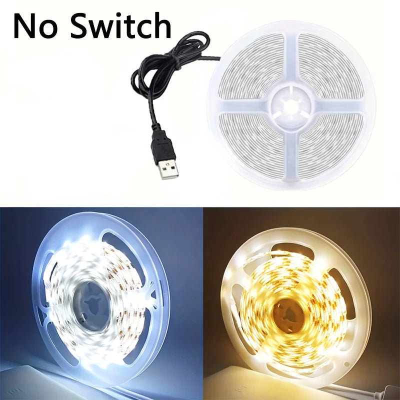 Fita LED 5V 2835 — Adesiva, Recortável, Luz Branca/Branco Quente, Fita Flexível para Iluminação de TV, Armários e Decoração de Casa